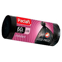 Мешки для мусора 60 л, черные, в рулоне 20 шт., ПНД, 7,4 мкм, 720х600 мм, PACLAN, 600820 в Выборге