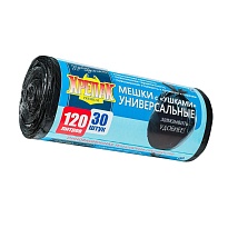 Мешки для мусора 120 л, с ушками, черные, в рулоне 30 шт., ПНД, 15 мкм, 1100х700 мм, Крепак, 4607075710375 в Выборге